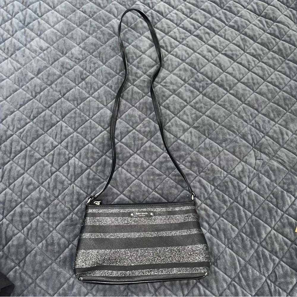 Kate Spade Crossbody Purse Bag Black Shimmery Sparkle Stripe Small Rectangle